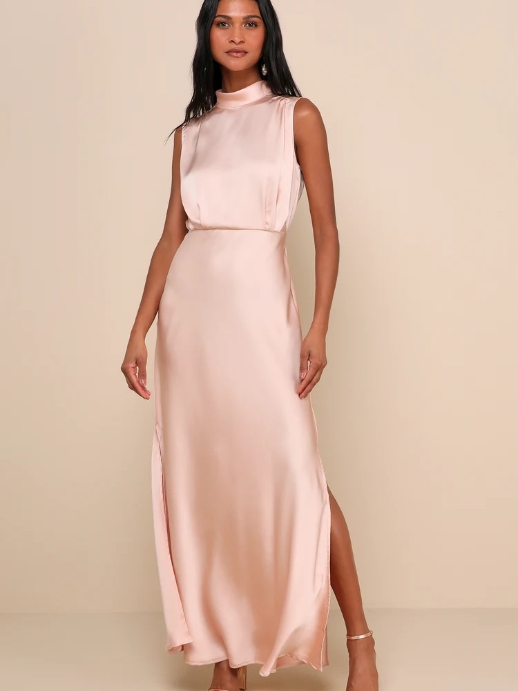 Lulu's Sleeveless Satin Maxi Dress In Blush